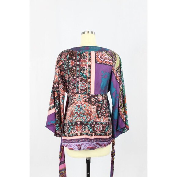 ALICE & TRIXIE Multi Color Scarf Print Silk Satin V-Neck Wrap Blouse, Size M - Picture 4 of 14